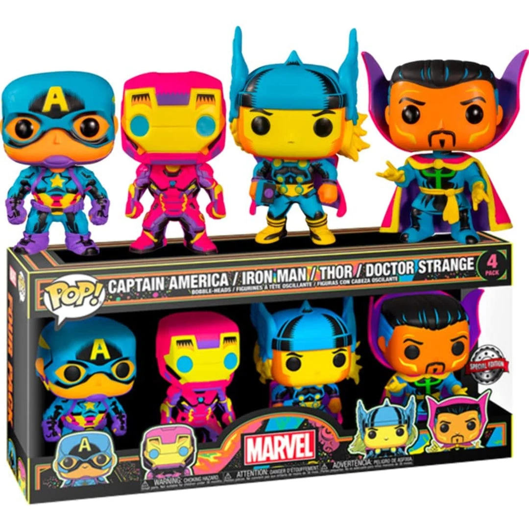 Funko Pop! Marvel Black Light Series Captain America / Iron Man / Thor / Doctor Strange 4 Pack - Special Edition Figures 4 Funko Pop! Marvel Black Light Series Captain America / Iron Man / Thor / Doctor Strange 4 Pack - Special Edition Figures