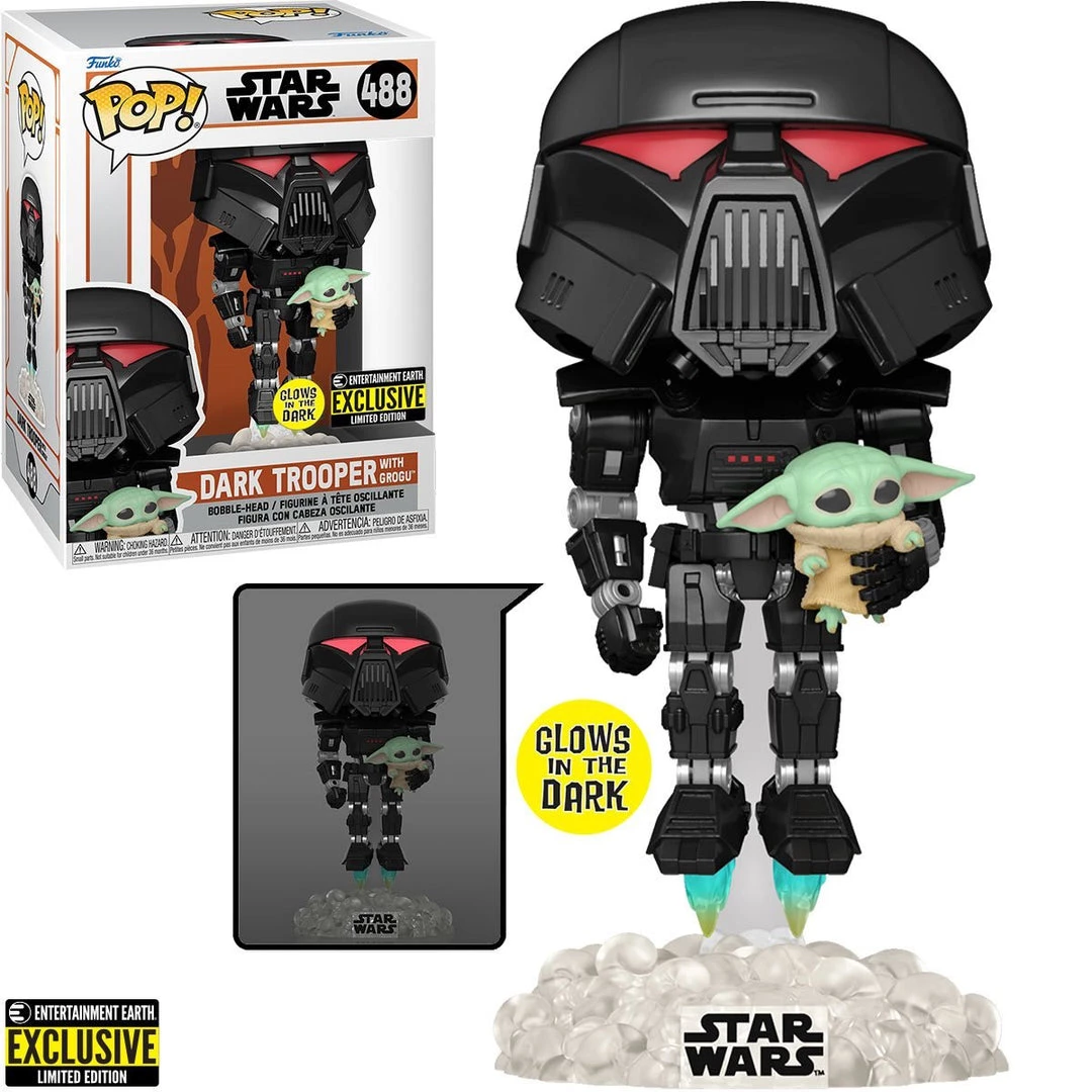 Entertainment Earth Funko Pop! #488 Star Wars: The Mandalorian Dark Trooper With Grogu Glow In The Dark - EE Exclusive 3 Entertainment Earth Funko Pop! #488 Star Wars: The Mandalorian Dark Trooper With Grogu Glow In The Dark - EE Exclusive