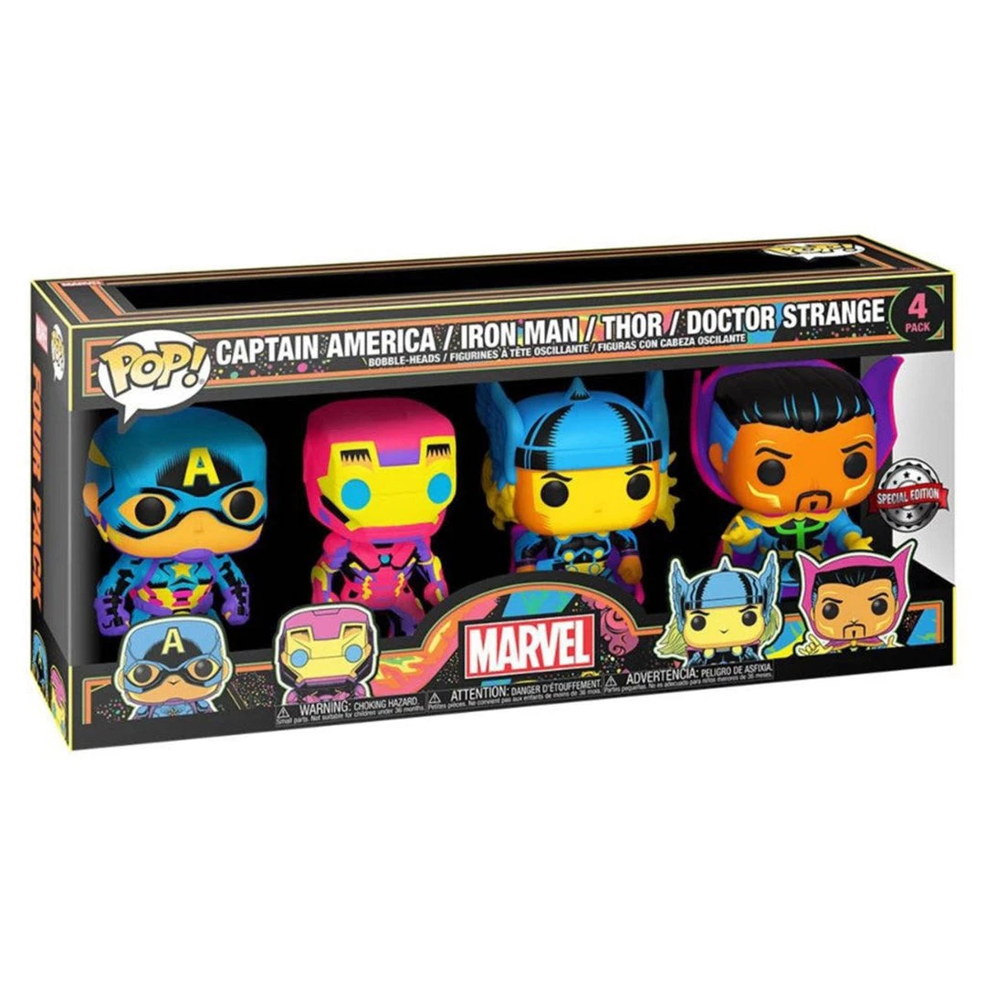 Funko Pop! Marvel Black Light Series Captain America / Iron Man / Thor / Doctor Strange 4 Pack - Special Edition Figures 3 Funko Pop! Marvel Black Light Series Captain America / Iron Man / Thor / Doctor Strange 4 Pack - Special Edition Figures